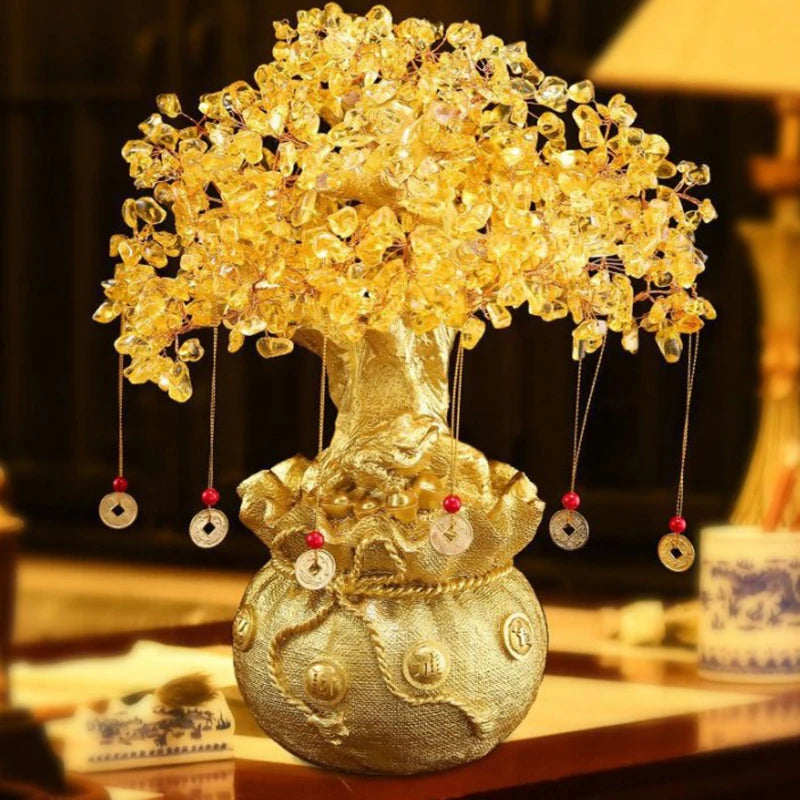 Lucky Tree Wealth Yellow Crystal Tree Natural Money Tree Ornaments Bonsai Style Wealth Luck Feng Shui Ornaments Craft Qme