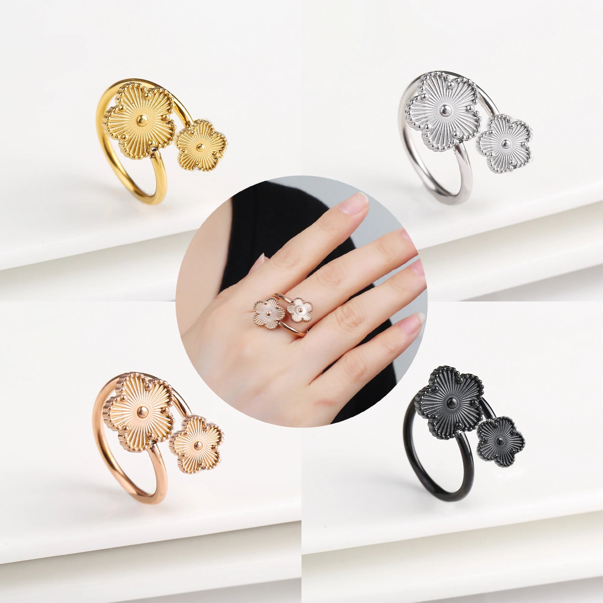 Classic Luxury Clover Metal Laser Stainless Steel Five Leaf Flower Open Ring Simple for Woman Girl New Fashion Party Jewelry Qme