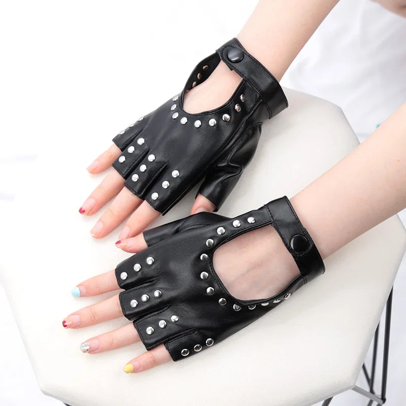 Black Gothic Rivets Fingerless Gloves Semi-fingers Breathable Driving Qme