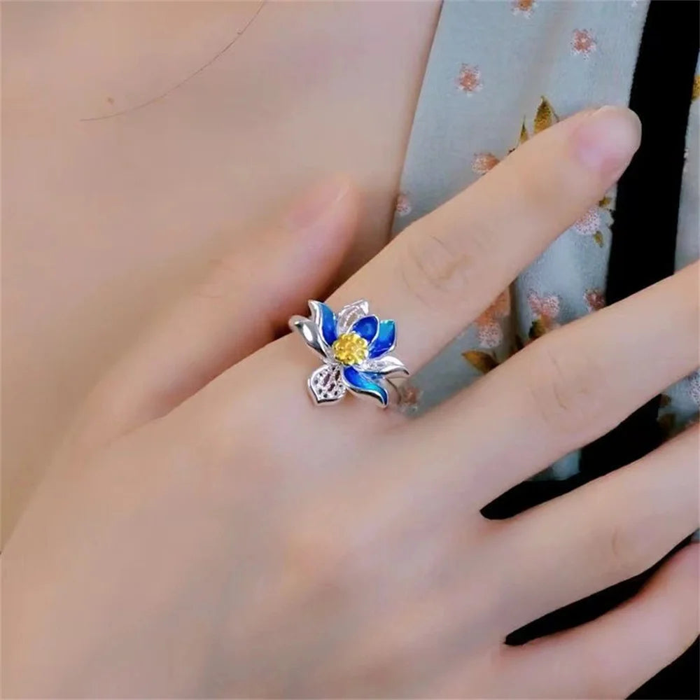 Retro Ethnic Landscape Blue Enamel Lotus Ring Adjustable Minimalist Thai Silver Fashionable Vintage Loop Ring Jewelry Qme