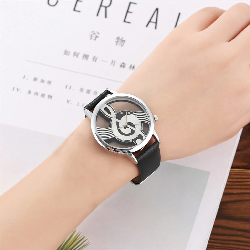 Hollow Out Dial Leather Strap Quartz Watch Clothing Accessories Music Score Casual And Business No Waterproof Ladies Watch Qme