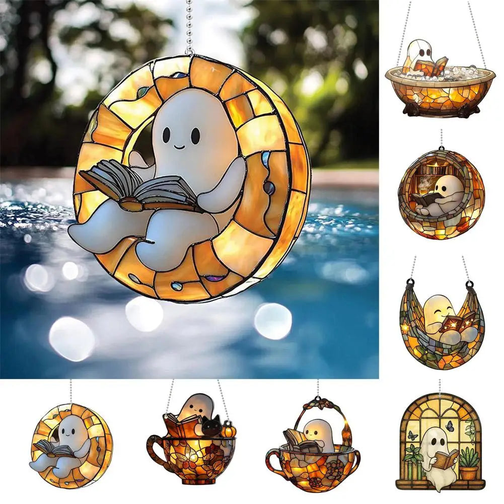 2D Halloween Ghost Reading Book Suncatcher Hanging Decor Acrylic Window Hanging Ornament Colorful Shadow Home Decorations Qme
