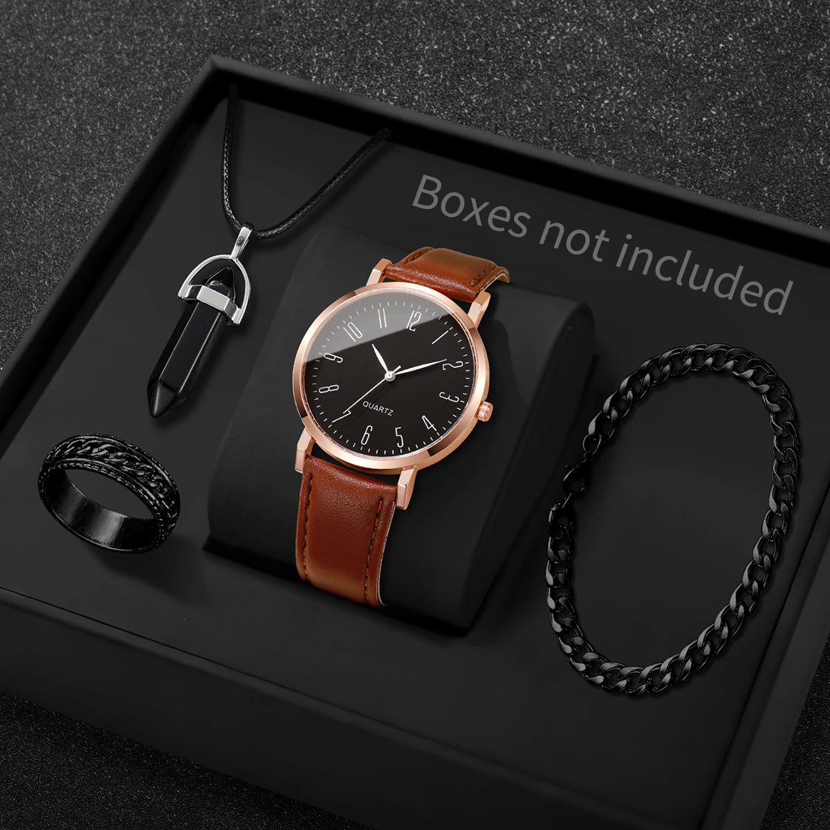 4PCS/Set Fashion Arabic Dial Men Business Watches Simple Leather Strap Quartz Wristwatch Jewelry Set Reloj Hombre (Without Box) Qme Brown Without Box