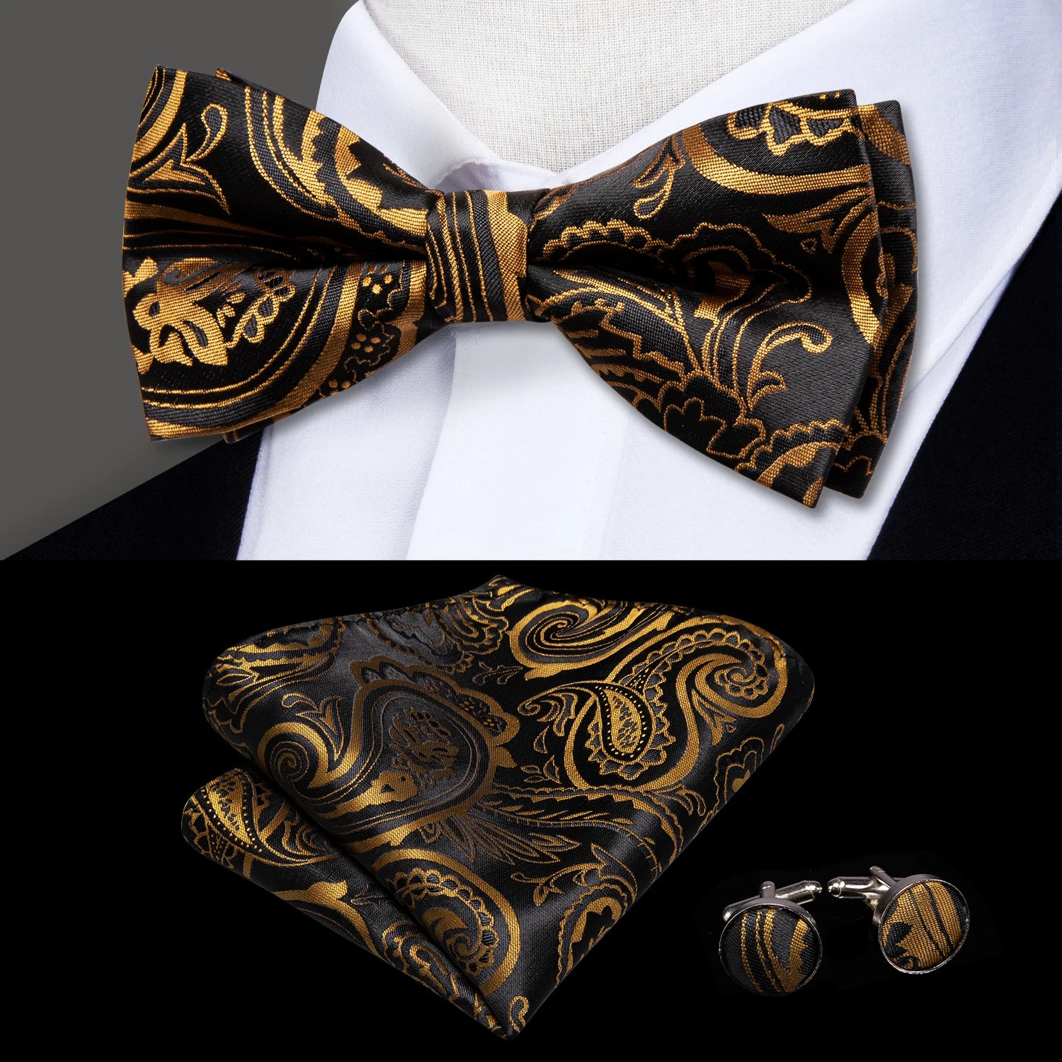 Hi-Tie Classic Bow Ties for Men Silk Butterfly Pre-Tied Male Bowtie Pocket Square Cufflinks Set Jacquard Paisley Floral Wedding Qme LH-568