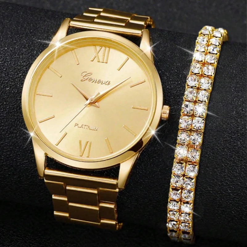 2pcs/set Golden Fashion Quartz Watch Business Minimalist Steel Band Wrist Watch & Bracelet, Gifts For Women Her Qme Gold 1
