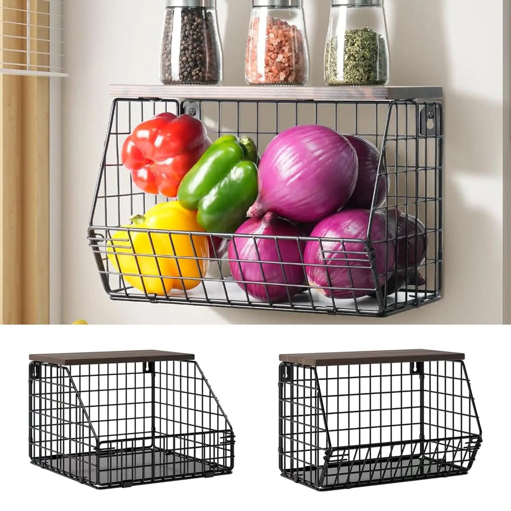 Fruit Vegetable Basket Wall Mounted Kitchen Storage Holder Wood Lid Qme