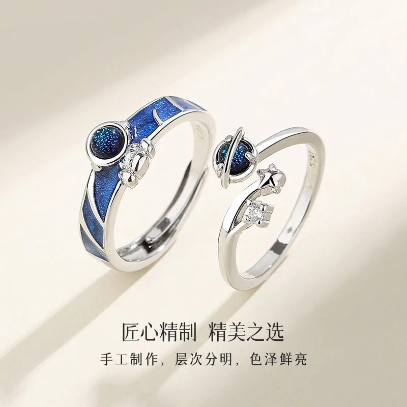 Luxury Exquisite Happy Planet Astronaut Spaceman Couple Rings Star Glass Stone Personality Open Pair Couple Birthday Gift Qme
