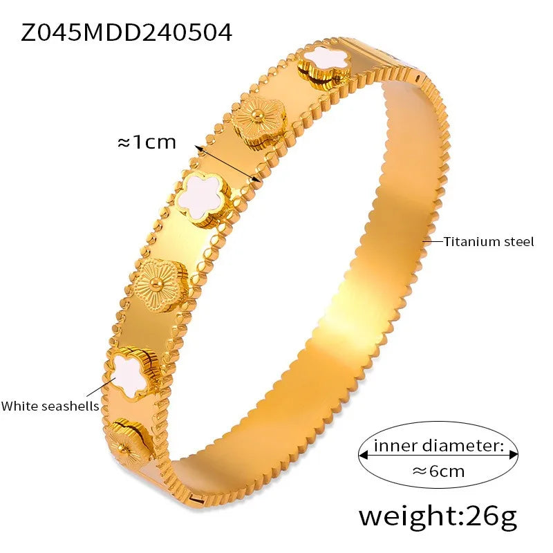 Unisex Gold/Silver Classic Stainless Steel Laser Five-Leaf Flower Open Bracelet & Bangles Simple For Woman Party Jewelry Clover Qme Gold 2