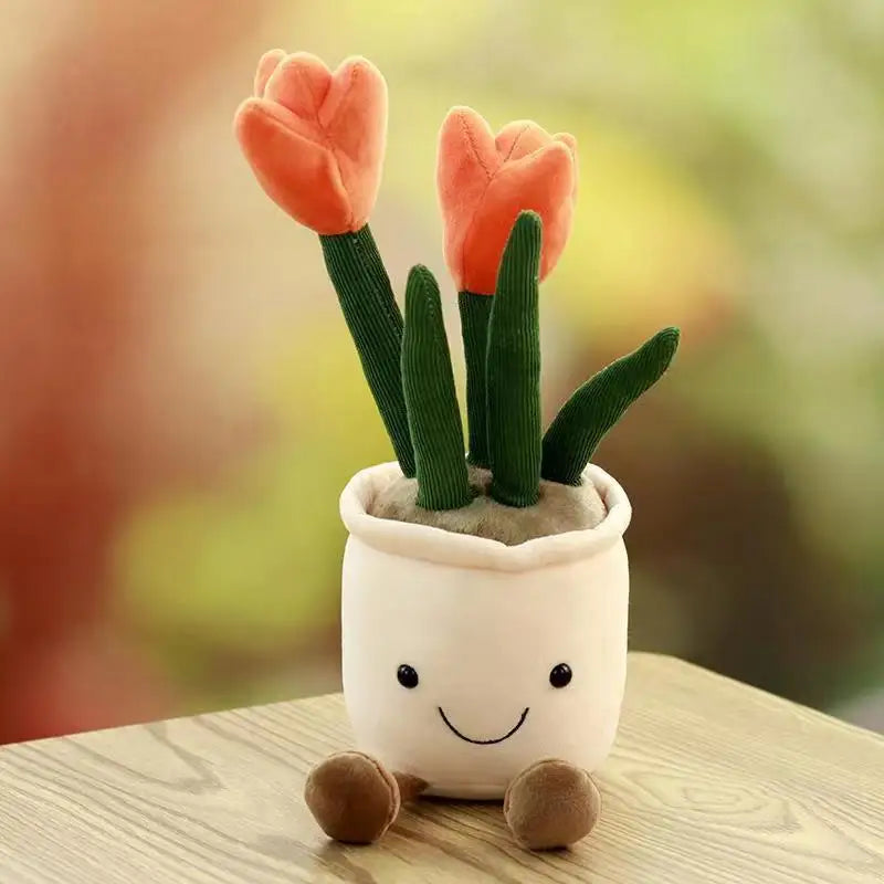 Lifelike Tulip Plant Plush Soft Stuffed Toy Potted Flower Home Living Qme Orange