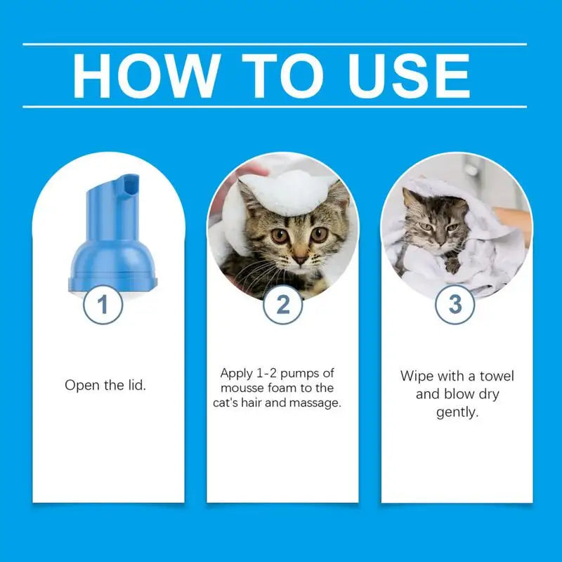 Cat Shampoo Waterless Cat Shampoo Licking Safe Dry Shampoo 60ml Gentle Foam Shampoo for Cats Deep Cleansing Relieves Itchy Skin Qme