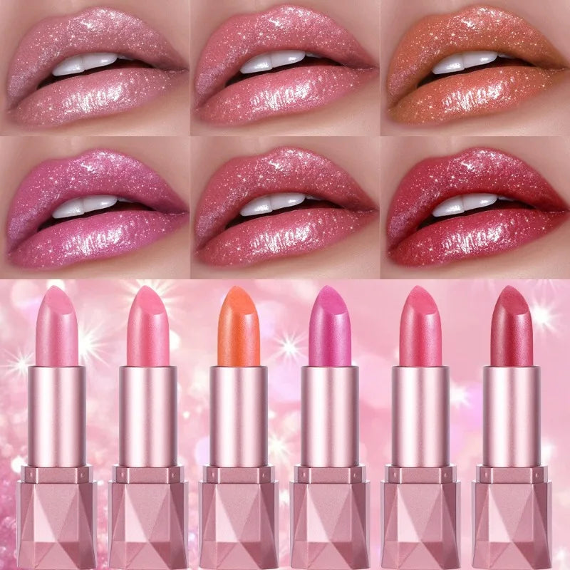 Diamond Shine Lipstick, Pearlescent Golden Lipstick with Fine Glitter, High Gloss Hydrating Long Lasting & Non-Drying Lip Makeup Qme
