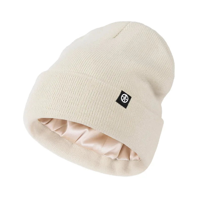 Caps Men Women Knitted Solid Silk Lined Hats Winter Outdoor Qme Ivory One Size