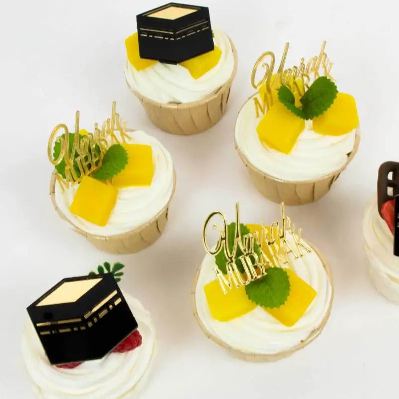 6Pcs/set Golden Muslim Umrah Mubarak Topper Hajj Mubarak Cake Topper Kit Dessert Cupcakes Decoration Ramadan Decorations Qme
