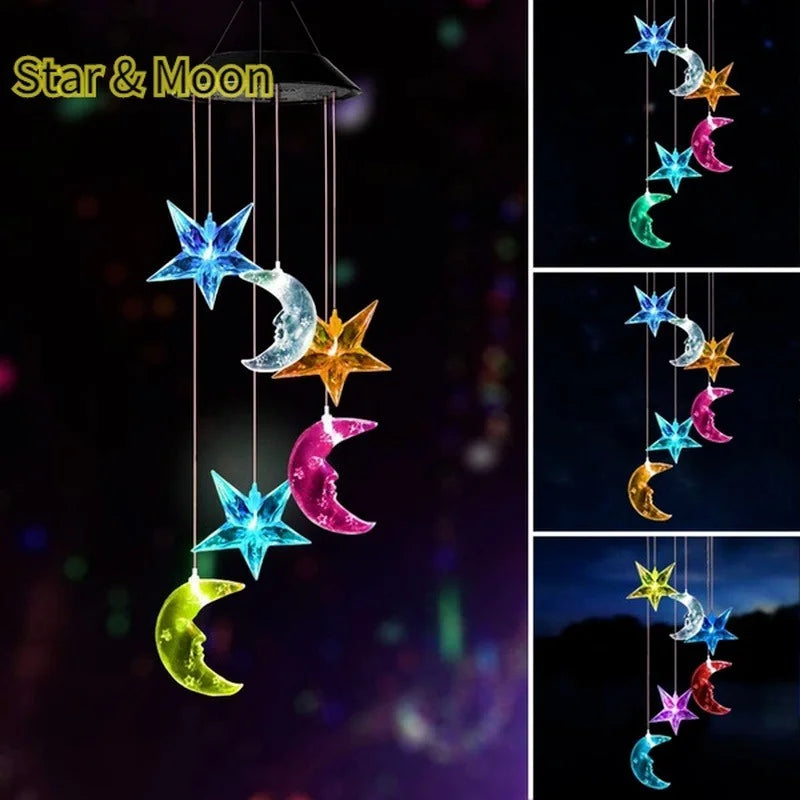 LED Solar Wind Chime Crystal Ball Hummingbird Light Changing Qme Star moon