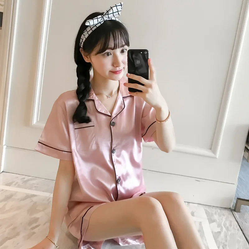 A Women's Sleepwear Simple Satin Pajama Set Long Sleeve Buttons Lapel Top With Elastic Pants Loungewear Nightwear 2 Piece Nighty Qme Double Short Pink 5XL