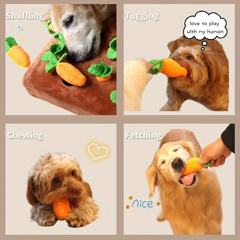 Interactive dog toy, carrot nose hair pad dog plush puzzle toy, nose hair feeding game pet stress relief with 4 carrots Qme