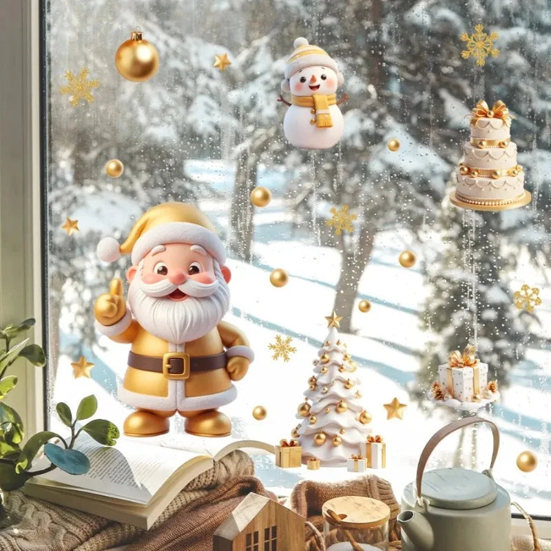 Golden Santa Snowman Window Stickers Reusable Static Cling Decals Qme