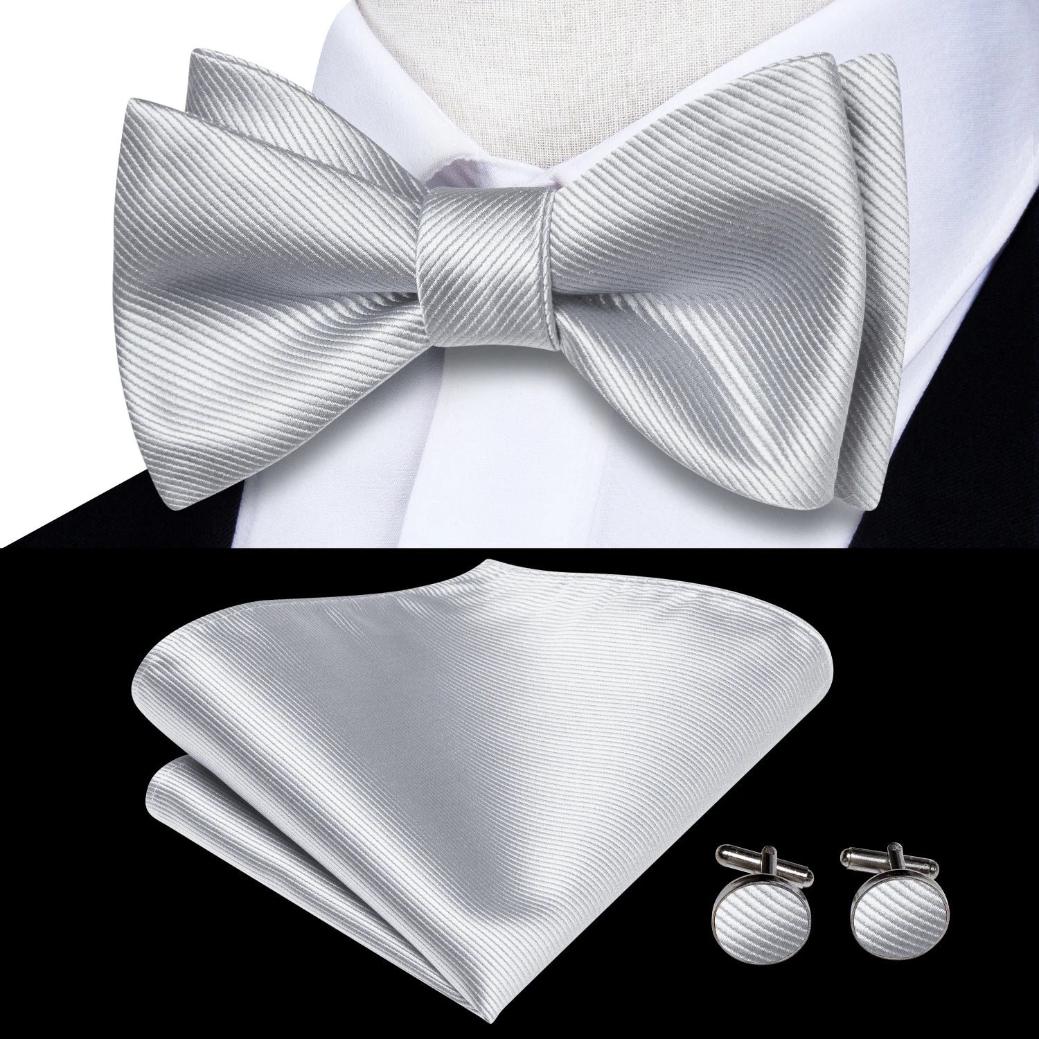 Hi-tie Silk Mens Self Bow Tie Hanky Cufflinks Blue Red Gold Black Qme LH-2102