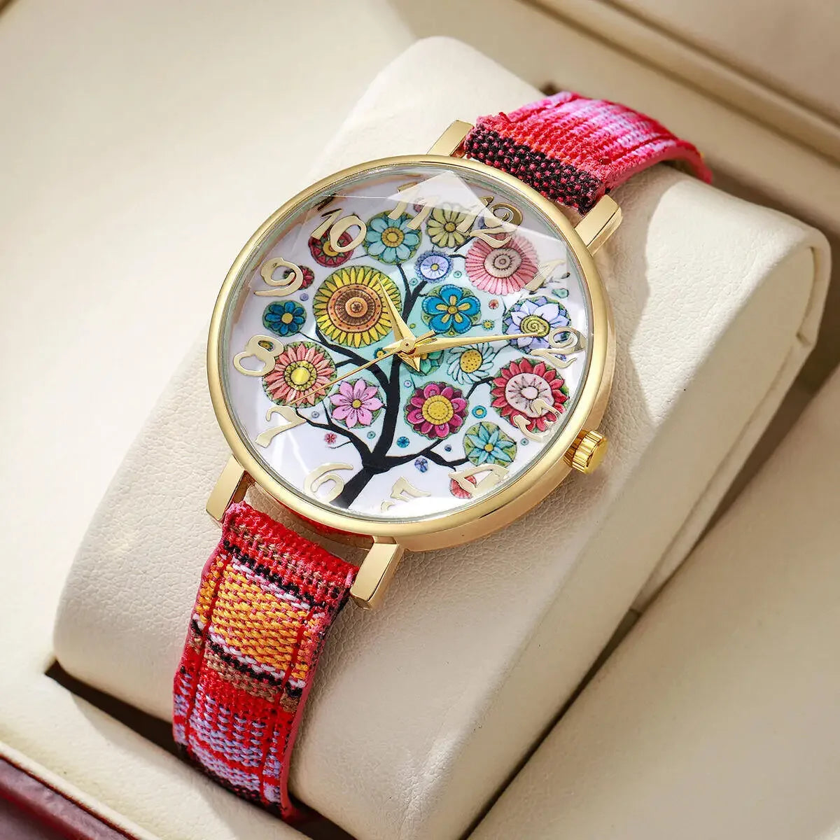 2/3/5PCS Fashion Women Watches Vintage Flowers Printed PU Strap Quartz Watch Reloj Mujer（Without Box） Qme Red Without Box