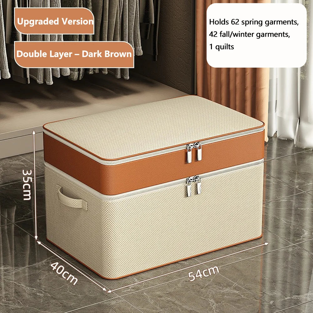 PU Double-Layer Storage Box for Clothes & Quilts, Large Capacity Wardrobe Layered Organizer for Seasonal Items & Bedding Qme L