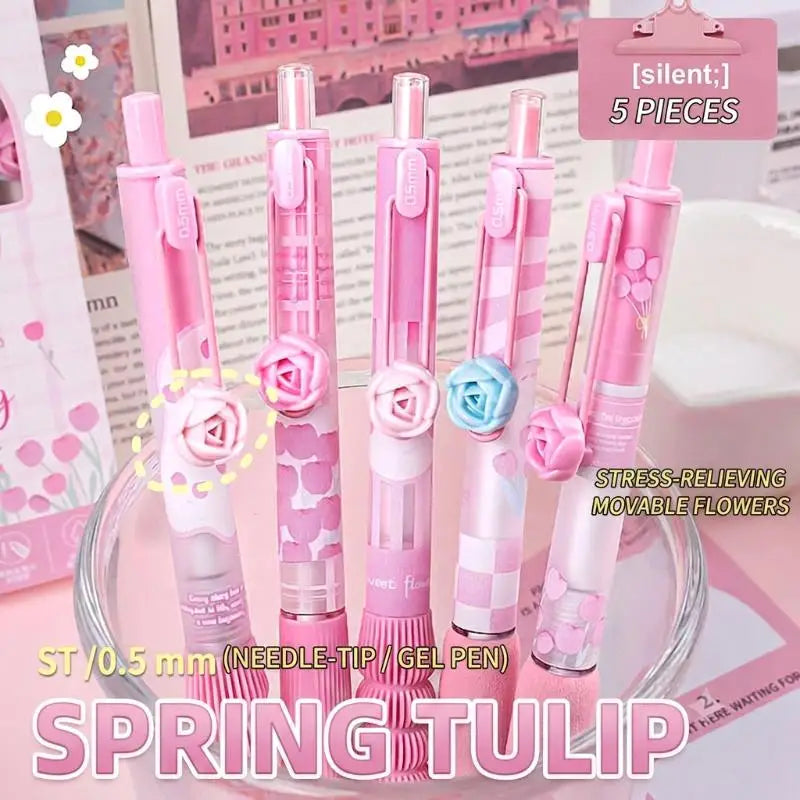 3D Flower Retractable Gel Pens Soft Anti-slip Grip Fine Nib Smooth Qme