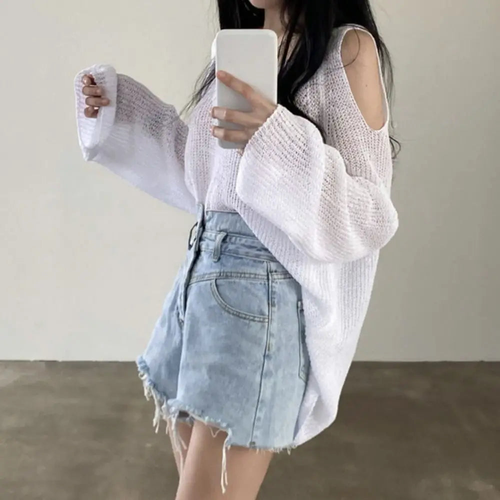 Chic Hollow Out Knit Long T-shirt Sleeve Pullover Crochet Knitwear Qme