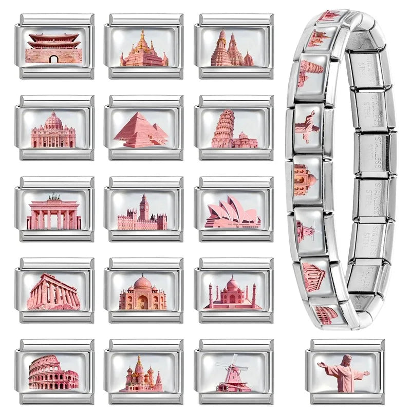 New2026 Hot Fashion Church Tower of Pisa Roman Colosseum Charm Italian Links Fit 9mm Bracelet Stainless Steel Making DIY Jewelry Qme