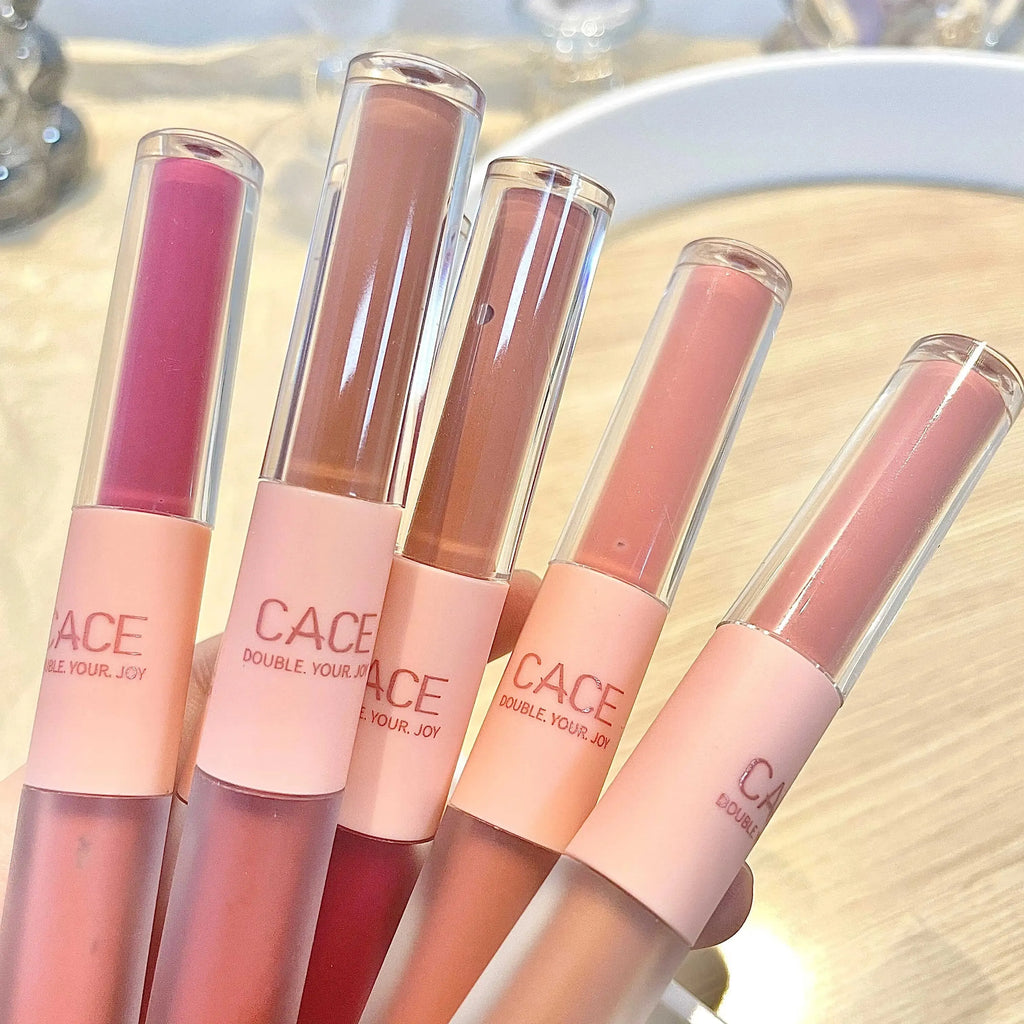 CACE Double Head Lip Gloss Sexy Red Lip Makeup Lip Mud Mirror Water Gloss Lip Glaze Matte Lipstick Waterproof Korean Cosmetics Qme