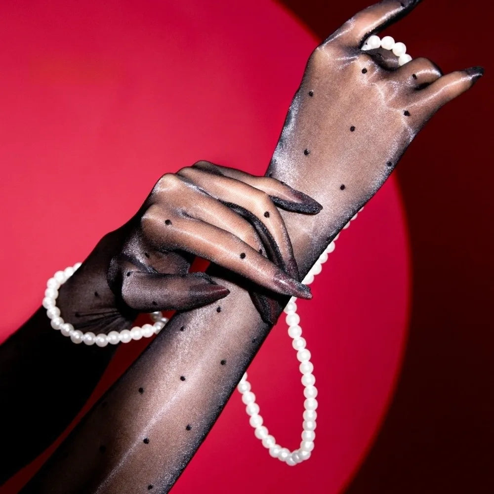 Breathable Polka Dot Five Finger Gloves Ultra-thin Oil Shiny Long Qme Style C