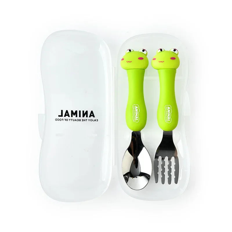 Cartoon Animal Kids Spoon and Fork Set Dessert Spoon for Children Fork Baby Tableware Gadgets Children's Cutlery Kids Favours Qme Frog Set