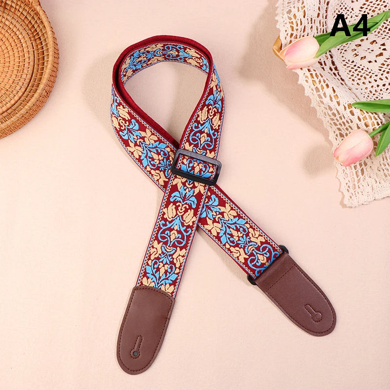 Guitar Strap Bass Cotton Leather Embroidery Straps Adjustable Neck Qme A4