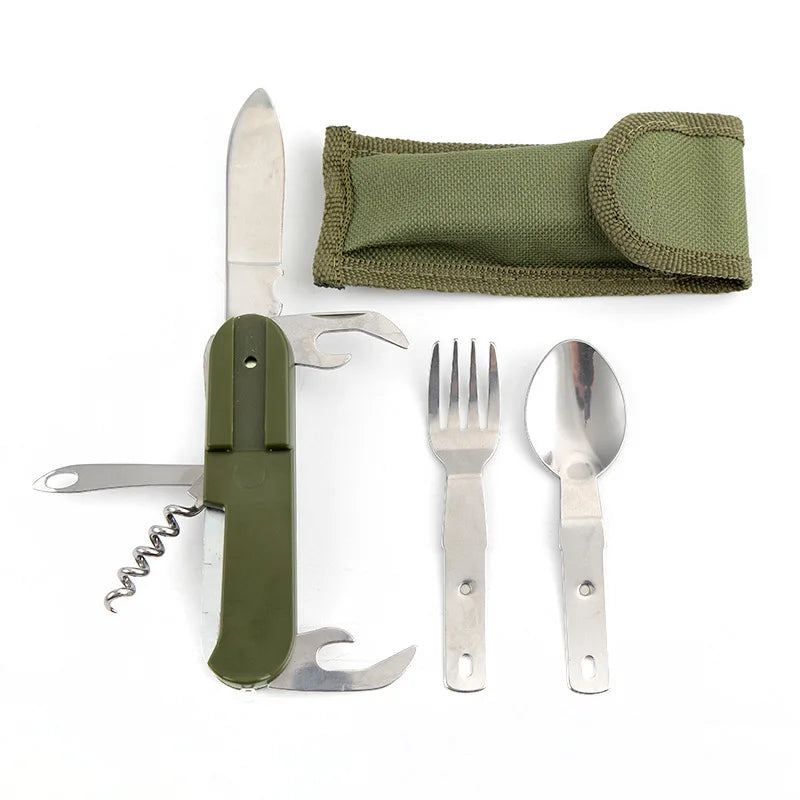7 In 1 Stainless Steel Foldable Outdoor Tableware: Fork, Spoon, Knife for Picnic, Camping, Hiking, Travelling Qme green