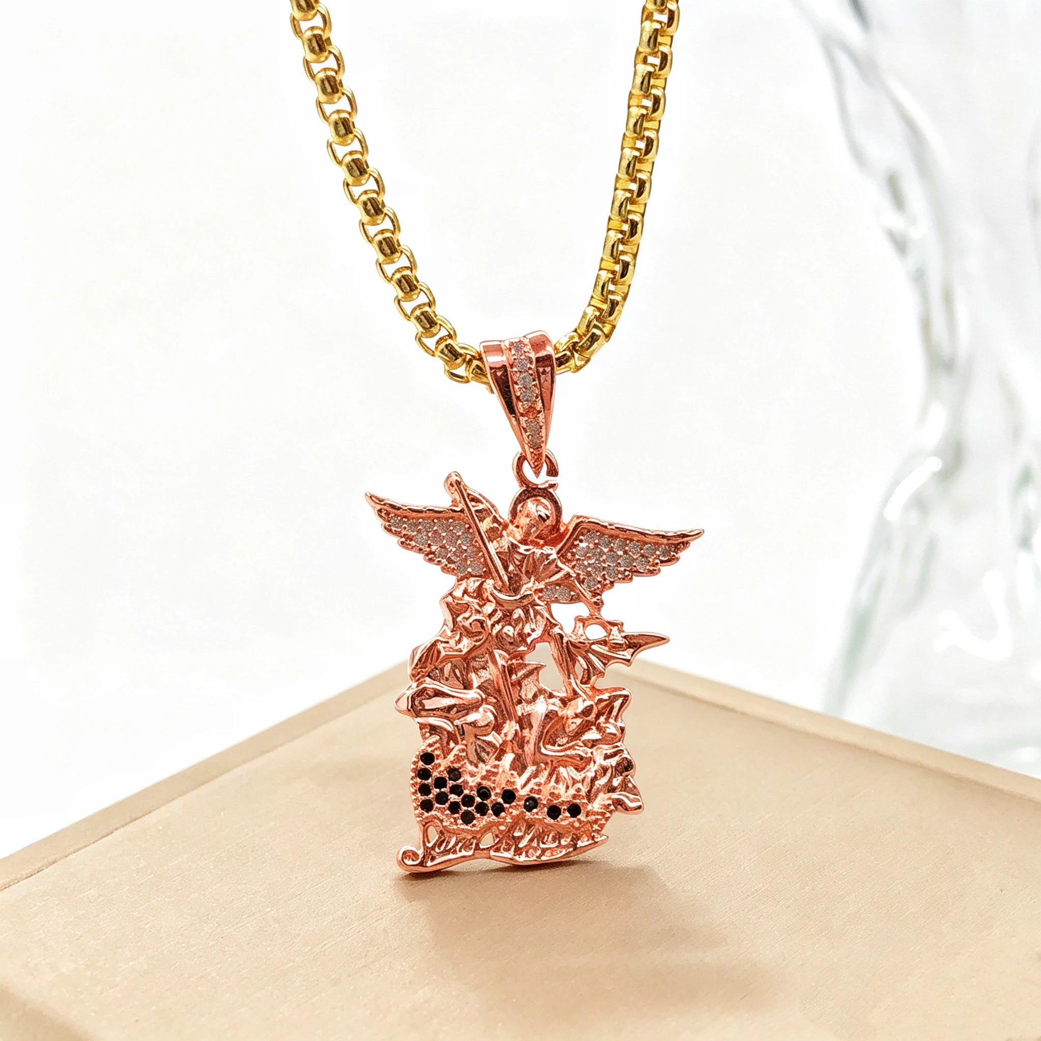 New Design 45/60cm San Miguel Archangel Stainless Steel Necklace Gold/Rose Gold Plated Zirconia For Men Women Jewelry Choker Qme 6 45cm