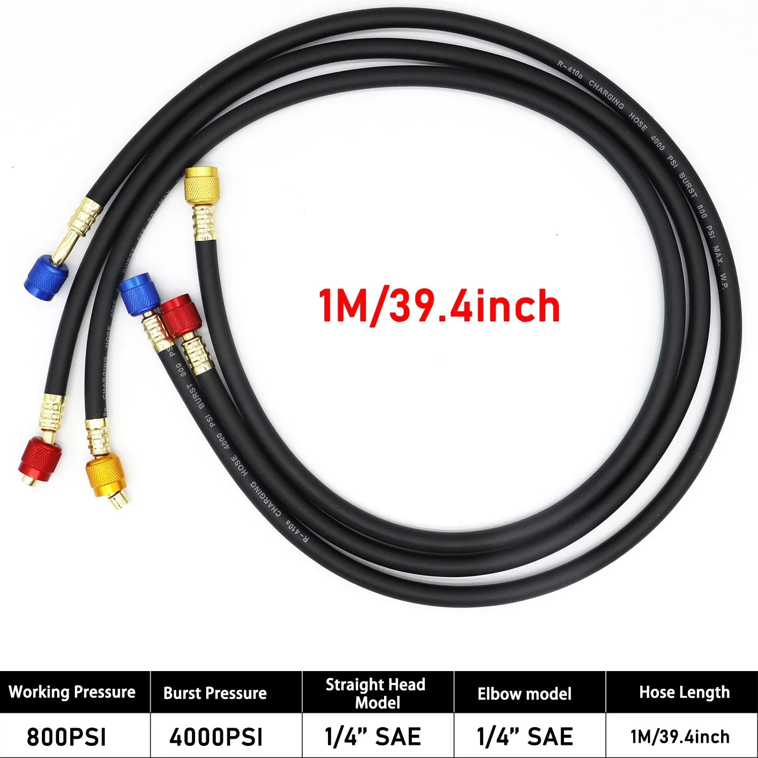 0.9M-1.8M AC Charging Hose Tube Kit Hose Low Loss Fittings for R134A R12 R22 Refrigerant Air Conditioning Manifold Gauge Qme 1M 4000psi