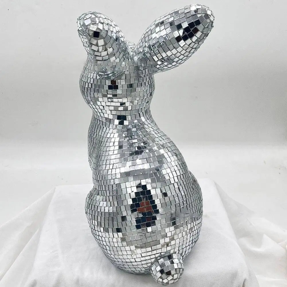 Desktop Mirror Disco Ball Rabbit Figurine Mirror Ball Sitting Bunny Figurine Easter Disco Ball Rabbit Ornament Home Decoration Qme
