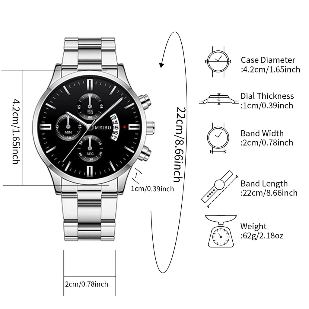 4PCS Men Business Watches Fashion Steel Band Date Quartz Watches Male Wristwatches Jewelry Set Relogio Masculino（Without Box） Qme