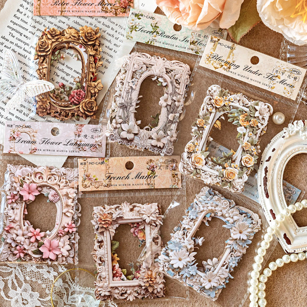 TIANZI 10 pcs Relief Retro Frame hollow-out Flowers Picture Frame Gorgeous Relief Hand Tent DIY Decorative Collage Material Qme