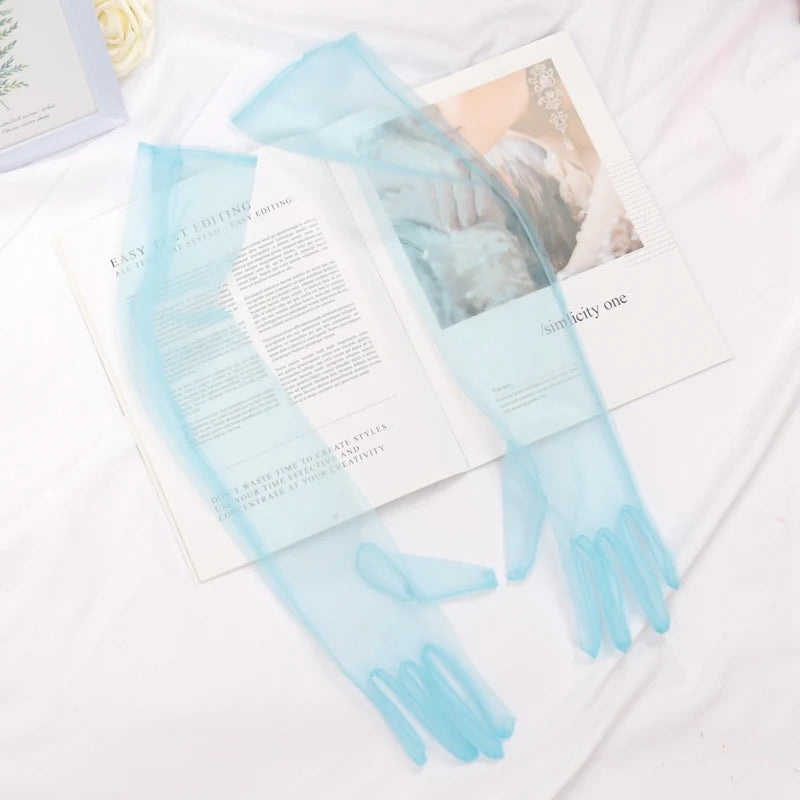 Women Sexy Lace Gloves White Black Mesh Ultra Thin Elastic Lady Qme SKY BLUE 55cm