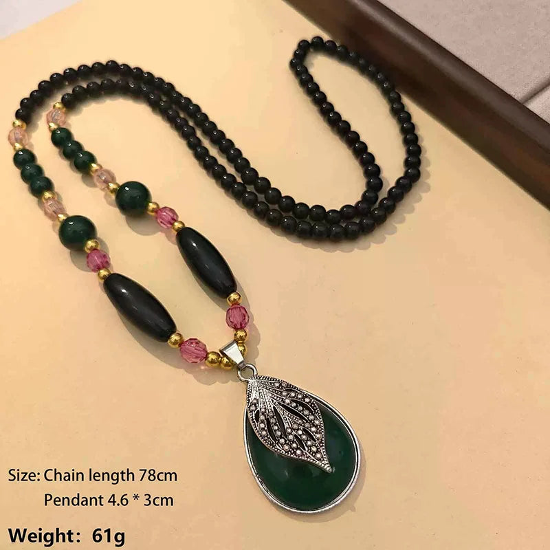 Fashion Black Beads Chain Long Necklaces Green Stone Water Drop Pendant Necklace Sweater Chain Jewelry For Women Gift Qme