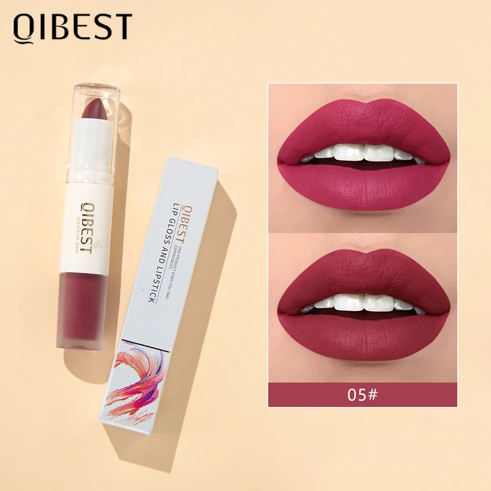 QIBEST 2 in 1 Long-lasting Matte Lipstick Sexy Red Lipstic Velvet Lipgloss Women Waterproof Nude Lip Tint Girl Fashion Makeup Qme