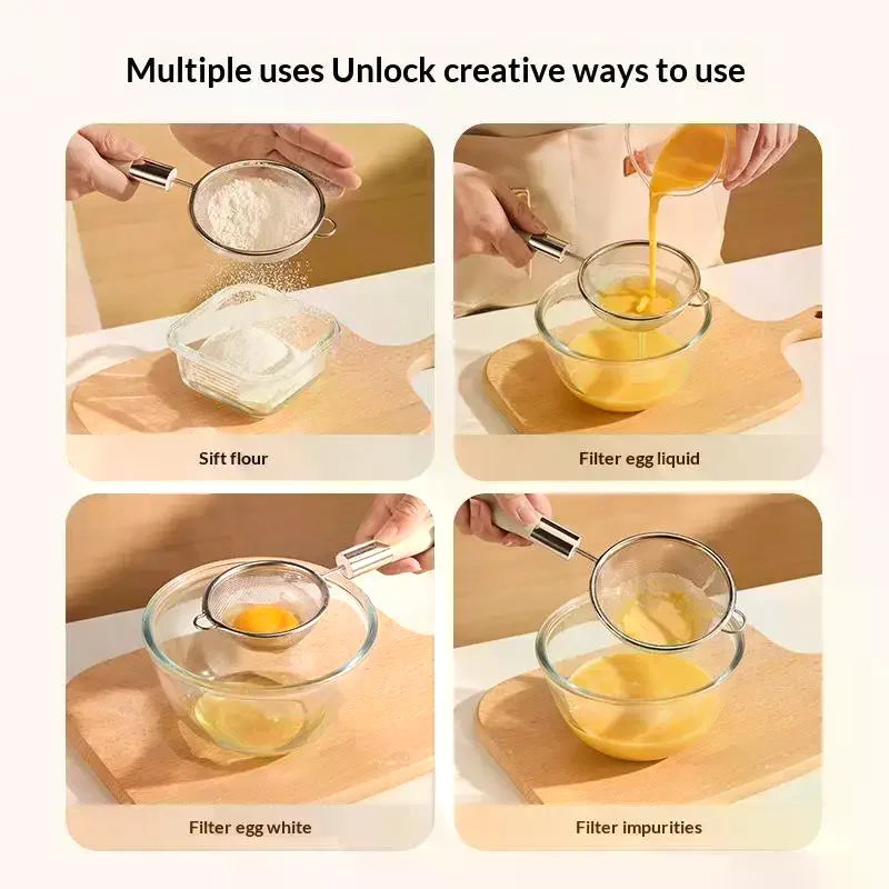 Stainless Steel Mesh Filter Spoon Juice Soybean Milk Strainer Plastic Handle Flour Sieve Colander Kitchen Baking Utensils Qme