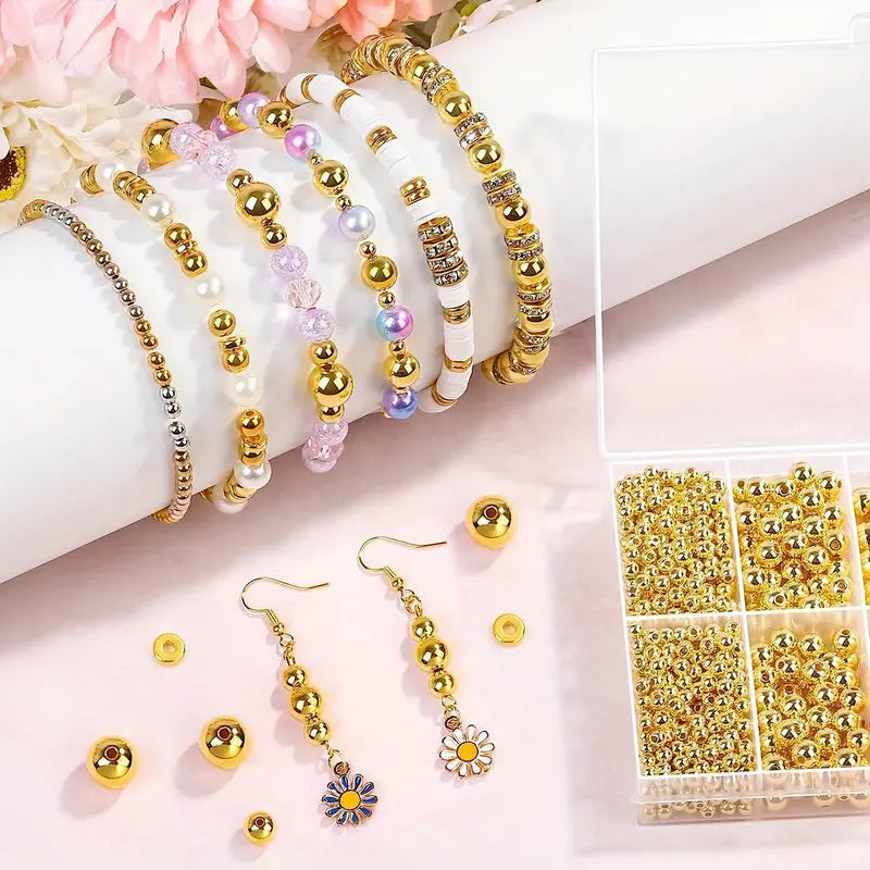 1000pcs Golden Spacer Beads Kit CCB Ball Round Smooth Loose Beads Kit For Bracelets Making Craft DIY Jewelry Making Supplies Qme