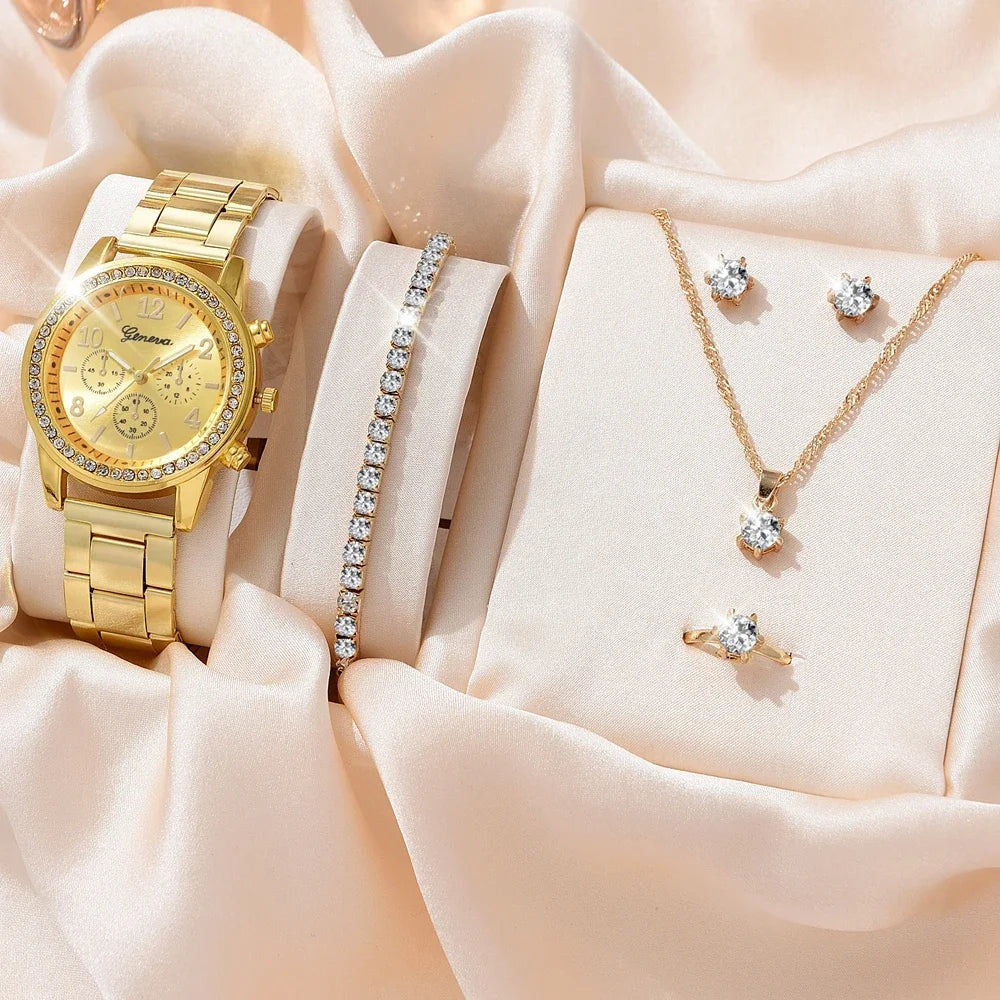 6PCS Set Luxury Watch Women Ring Necklace Earrings Rhinestone Fashion Wristwatch Female Casual Ladies Watches Bracelet Set Clock Qme 6PCS Gold Set