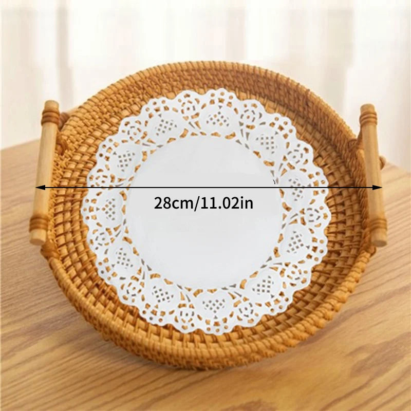 Rattan Strap Handle Storage Basket Bread Snack Fruit Round Round Tray Picnic Woven Storage Basket Qme L