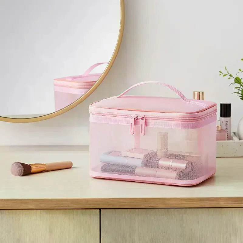 Transparent Mesh Travel Cosmetic Bag | Large Capacity Makeup & Skincare Organizer | Perfect Clear Toiletry Pouch for Vacations Qme