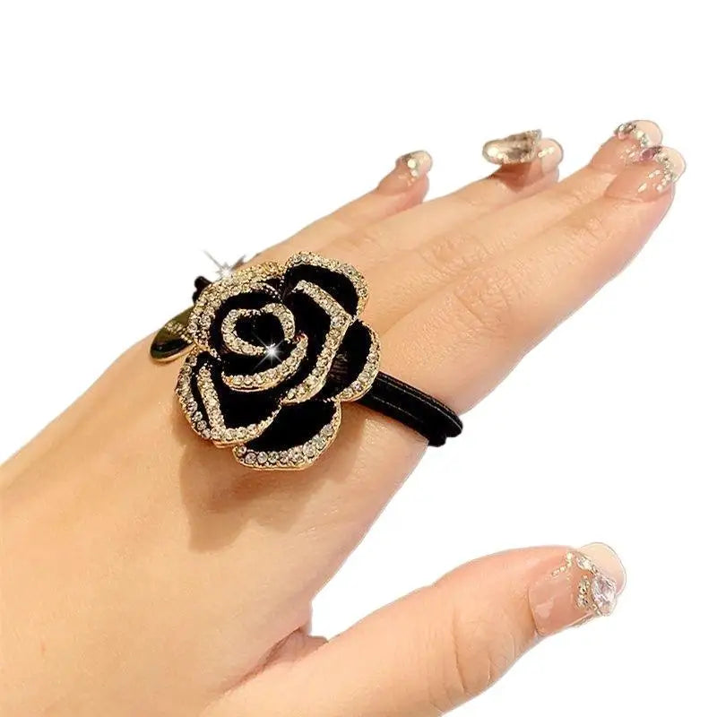 Women's High-end Tail Hair Bands Black Elasticity Tea Floral Ties Qme