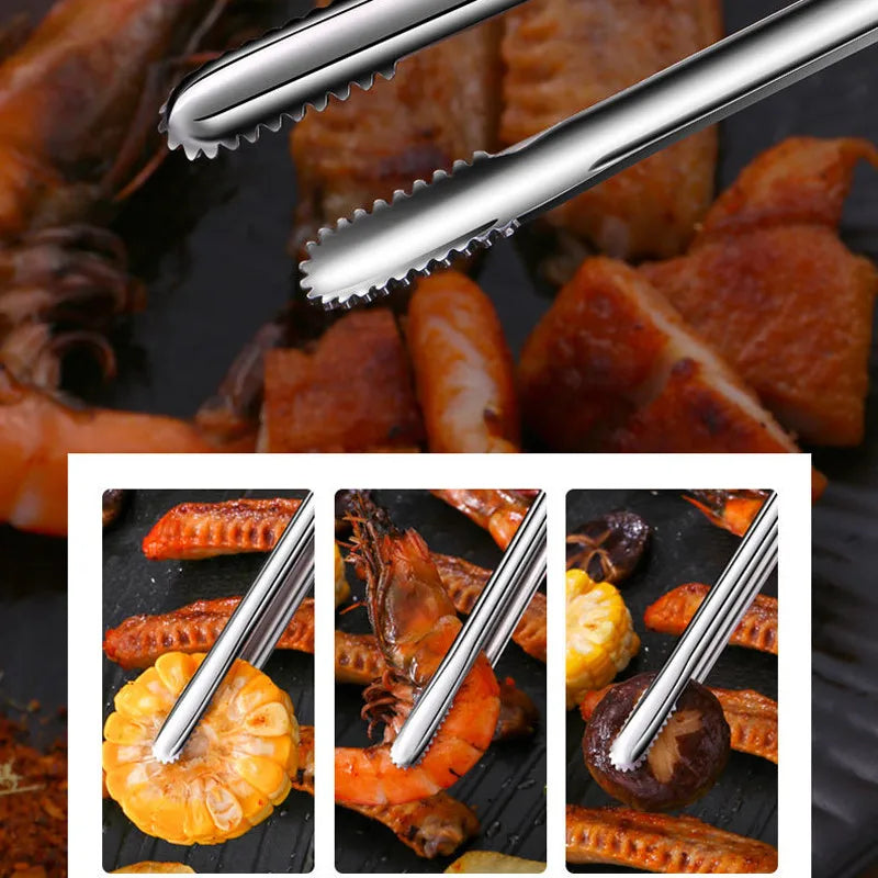 Stainless Steel Grill Tongs Food Clip BBQ Steak Clip Bread Tong Cooking Utensils Party Non-Slip Kitchen Gadgets Accessories Qme