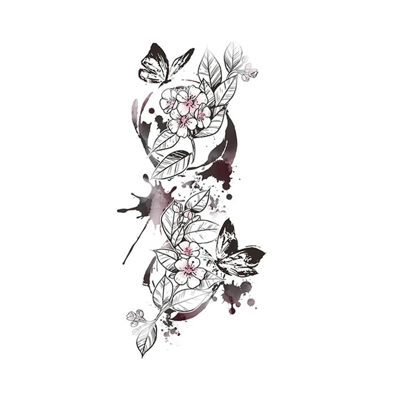 Pink rose and butterfly sexy leg tattoo stickers, realistic, colorful, waterproof, sweatproof, disposable temporary stickers. Qme