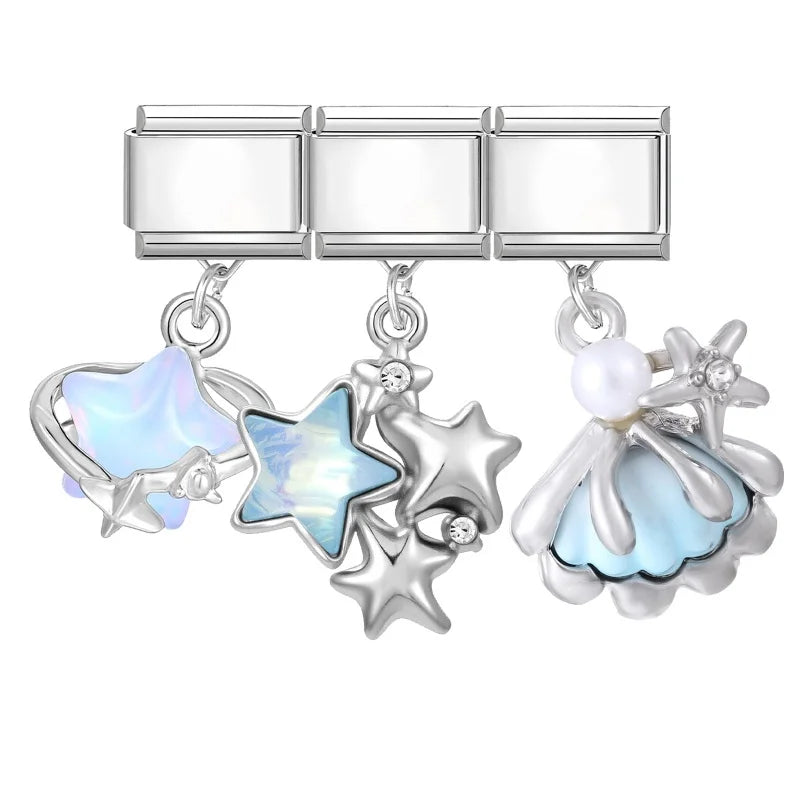 2026 3PCS Beautiful Blue Moon Heart Starfish Italian Charms Link 9mm Modular Bracelet Stainless Steel DIY Gift Jewelry Wholesale Qme Style 22