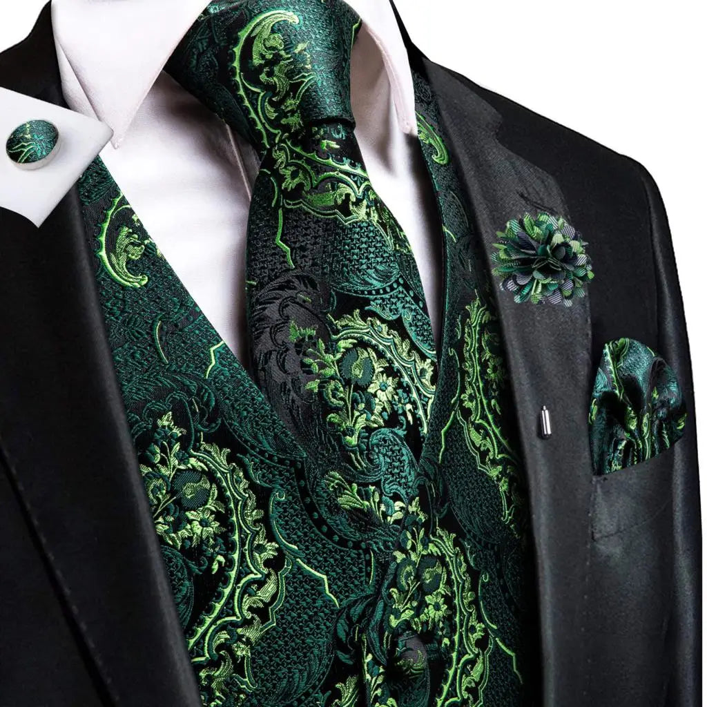 Mens Vests Jacquard Waistcoat Neck Tie Hanky Cufflinks Brooch Men